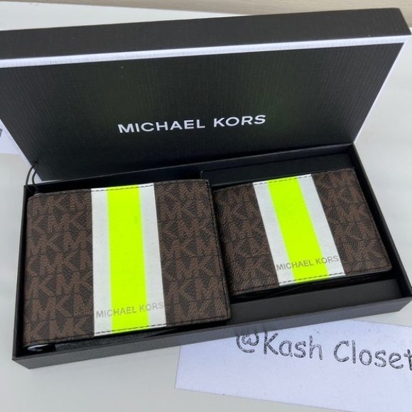 Michael kors Men Wallet Card Case Gift box set Brown/Neon - Picture 2 of 6